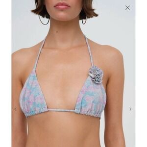 For Love & Lemons Collina Triangle Bikini Top Metallic‎ Floral Rose Size L NWT